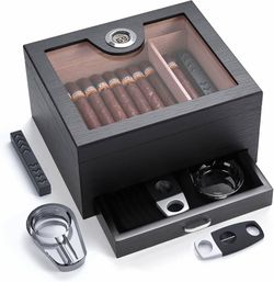 Cigar Humidor Box, Cedar Wood Cigar Box Desktop Cigar Humidor with Drawer Airtight Cigar Storage Box 35–50 Counts Spanish Cedar Lined Divider, Hygrome