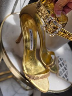 Manolo Blahnik Gold Sequin Heeled Sandals