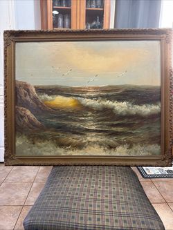 Vintage Framed Seascape Oil Painting With Waves And Seagulls Signed J.Lapelle