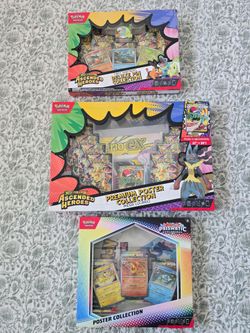 Ascended Heroes Lucario Poster Collection, Pin Set, amd Prismatic Evolutions Poster Collection.