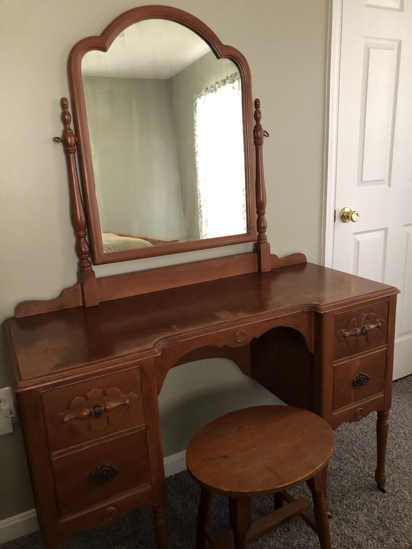 Antique vanity with mirror and stool