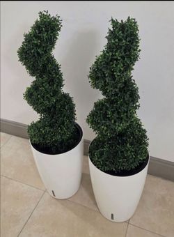 *** JUST REDUCED *** PAIR of 3ft Faux Boxwood Spirals in 16in White Planters (2 for $90) @ Lasting Creations