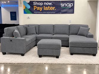 New U-Shape Corduroy Sectional with Ottoman – Chaise, Plush Couch $10 Down