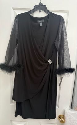 R&M Richards Black Dress with Feather Cuffs Size 14P