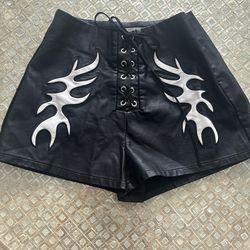 Black vegan Leather Shorts With Cream Color Flames Size Medium. Soft Leather
