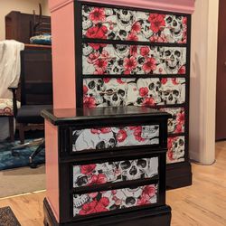 One Of A Kind Hand Painted pink And Black Dresser And Nightstand With Skull And Rose Drawers