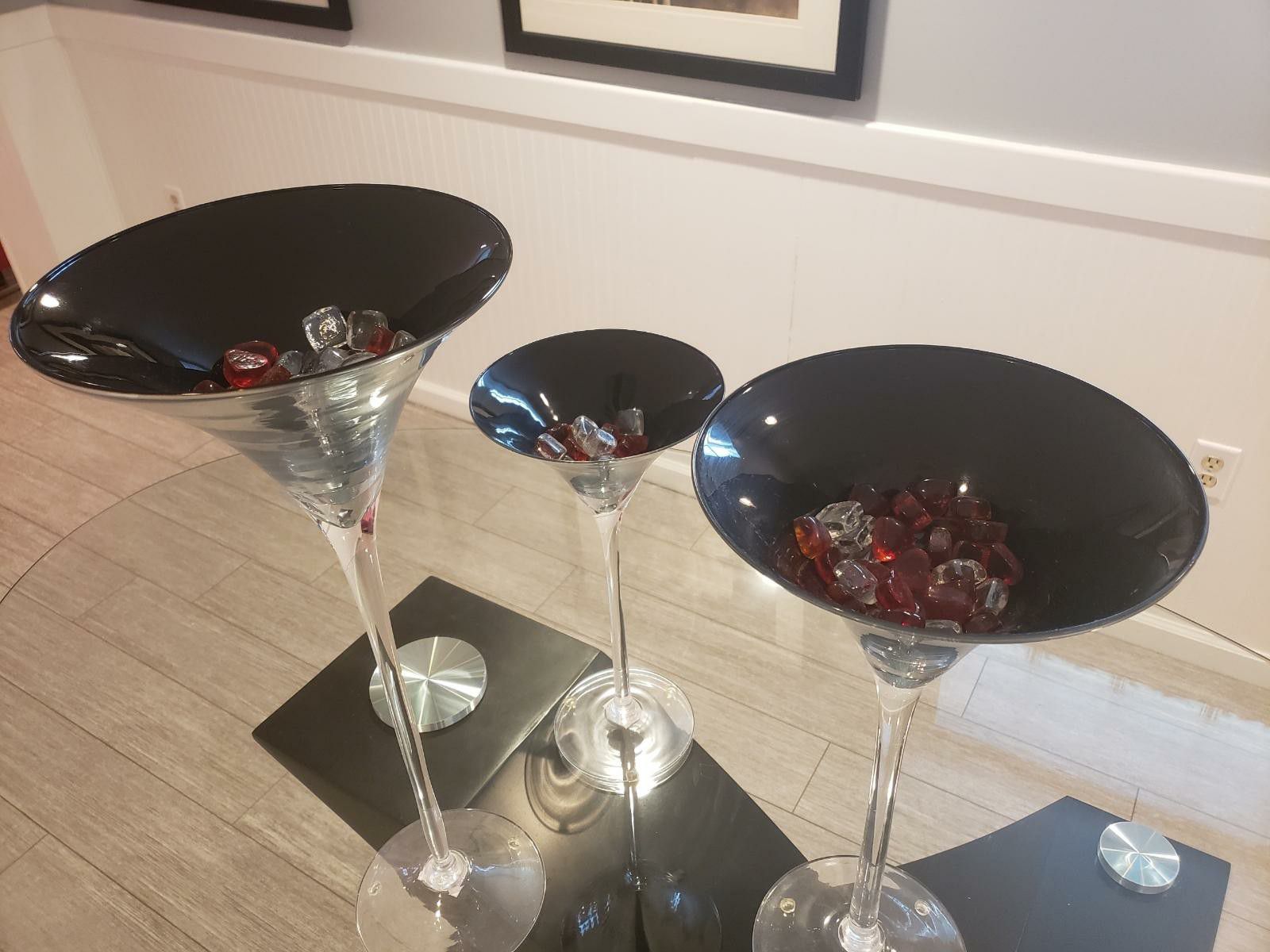 3 large decorative martini shaped glasses for table display