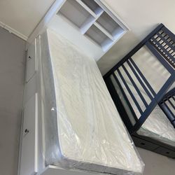 Brand New White Twin bed with bookshelf And Drawers 