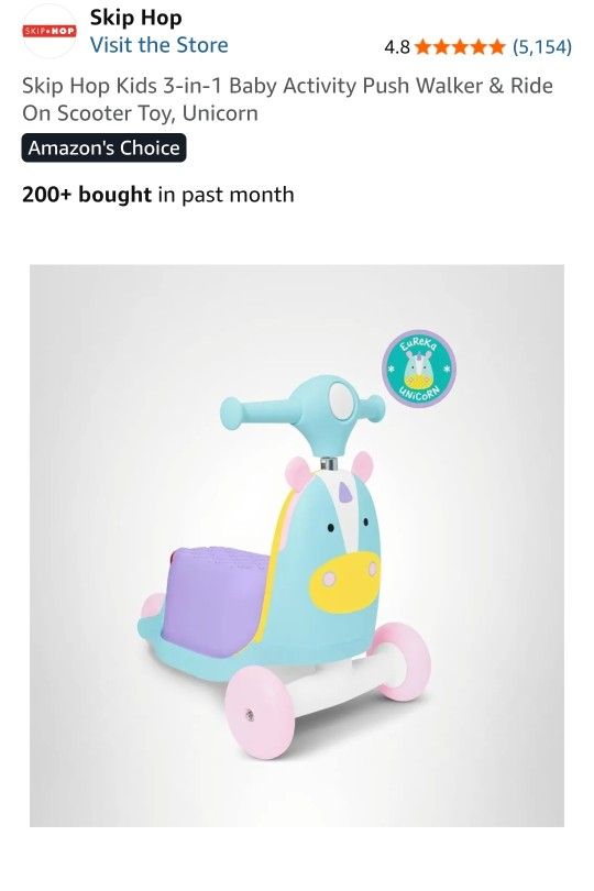 Skip Hop Kids 3-in-1 Baby Activity Push Walker & Ride On Scooter Toy, Unicorn