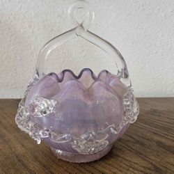 ANTIQUE BOHEMIAN AMETHYST BLOWN GLASS BASKET, CLEAR GLASS APPLIED LEAVES,