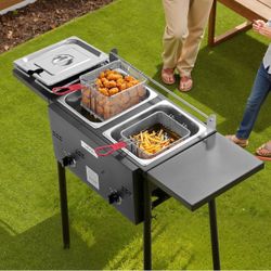 VEVOR Outdoor Propane Deep Fryer, Double Burners Commercial Fryer, 16 Qt Stainless Steel Cooker with Removable Baskets & Lids & Tanks, Oil Fryer Cart