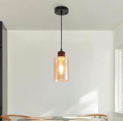 Glass Cylinder Pendant Light with Wood Detail