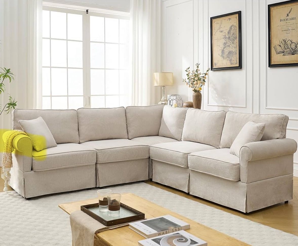 L-Shaped Oversized Modular Linen Sectional Sofa With Rolled Arms, Cushion Back, Modern Style Convertible 5-Seater Corner Couch, Easy Assembly, for Apa