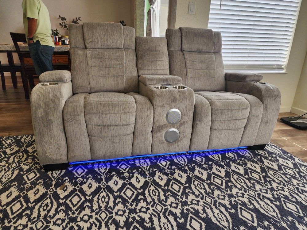 Reclining Loveseat With Bluetooth Subwoofer Speakers And Cupholders And L.E.D.