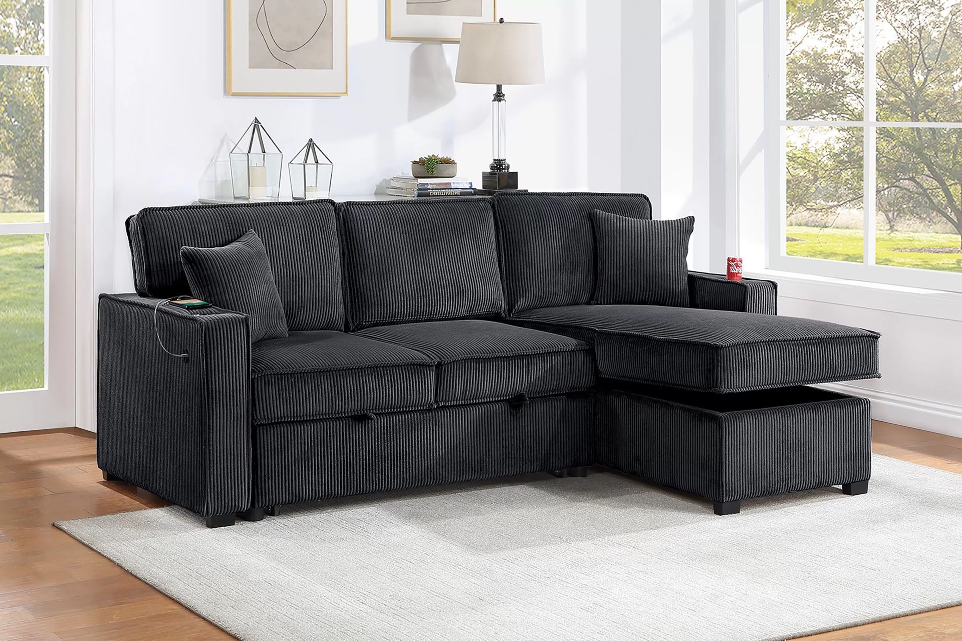 New Black Corduroy Sectional Sleeper Sofa Couch with USB & Storage! WOW Free Delivery 🚚!