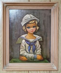 Mid Century Vintage Framed EDEN Big Eyed Girl Sailor Print Framed Art Kitsch