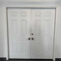 72 in. x 80 in. White 6-Panel Both Active Doors With Handles, Deadbolt Lock And Keys 