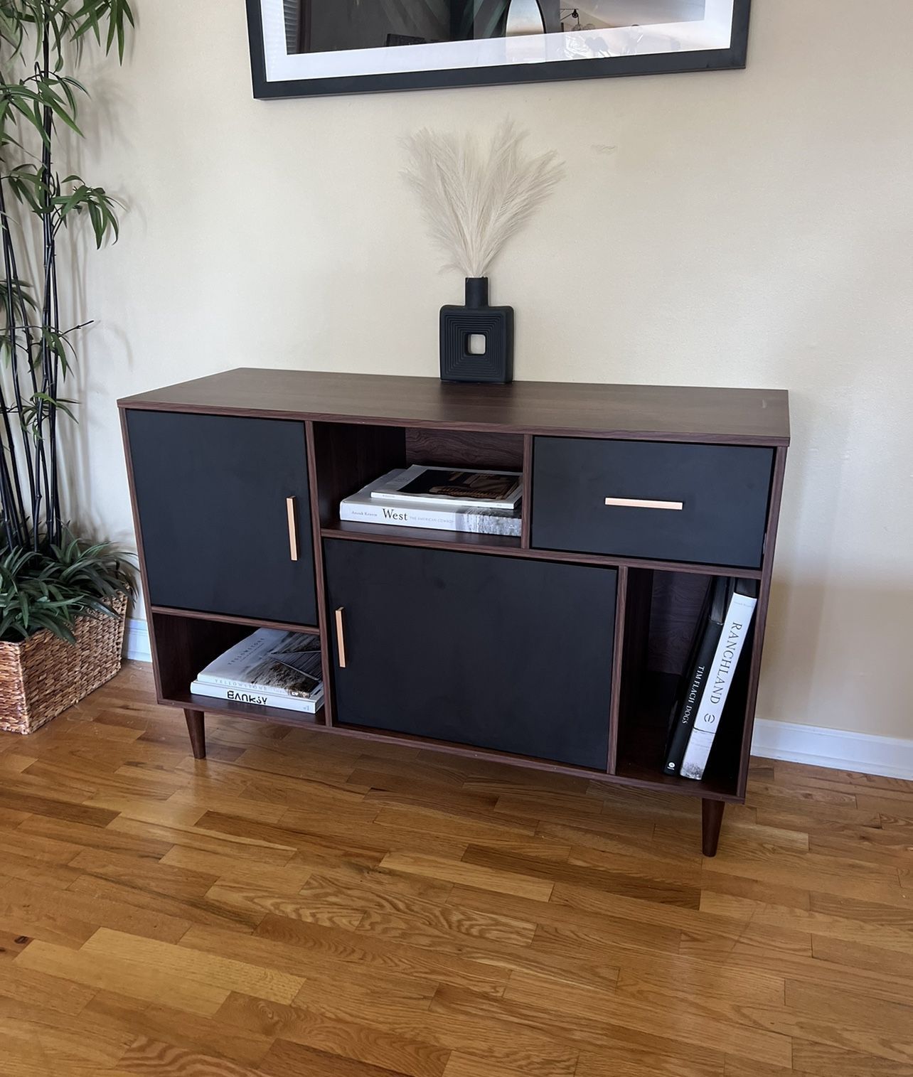 Mid-Century Modern Console Table / TV Stand (up to 47") w/ Storage - Black & Brown Wood