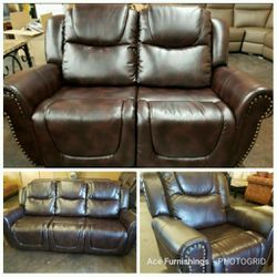 Brand New Brown Leather 3pc Reclining Set With Nail Head Trim