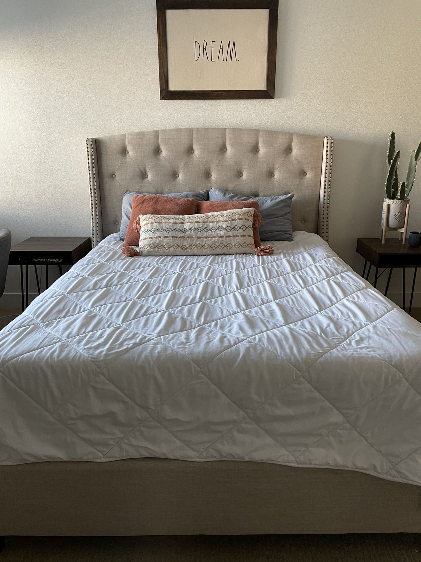 Queen bed frame, headboard, mattress, box spring (1 Yr Old)