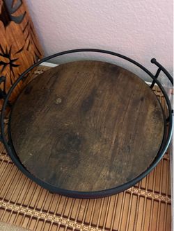 Round wood and metal tray