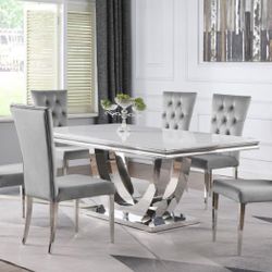 KERWIN 7-PIECE RECTANGULAR DINING TABLE SET GREY AND CHROME