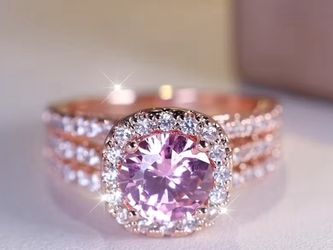 Elegant Round Pink Synthetic Zirconia Rose Golden Plated Ring for New Year Valentine'S Day Holiday Gift Daily Wear, Durable and Shiny Accessory