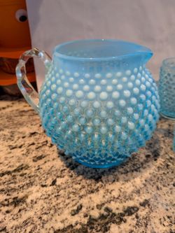 Blue Opalescent Hobnail Glass Pitcher