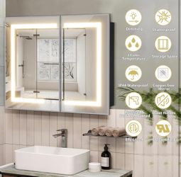 New 36 x 30 Inch Medicine Cabinet Mirror with LED Lights, Silver Bathroom Medicine Cabinet with Mirror and Storage, Recessed or Wall Mount, 3 Color Te