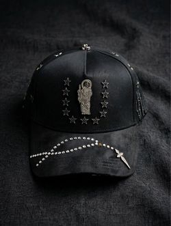 Black Trucker Cap with Saint & Cross Embellishments