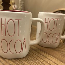 Rae Dunn coffee mug set - Hot Cocoa - 2 mugs - red inside