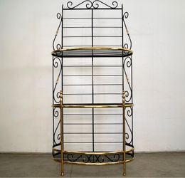 1960’s Hollywood Regency Wrought Iron & Brass Baker’s Rack Shelf