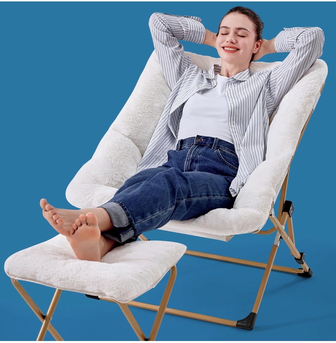 OAKHAM Comfy Chair for Adults, Soft Faux Fur Folding Lounge Bucket Chair with Ottoman - NEW in Box