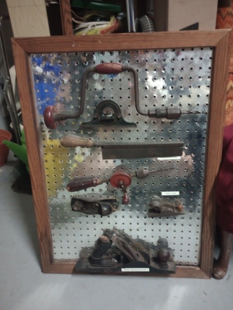 Antique Vintage Wood Carpentry Tool Display Stanley Plane No 5 Block Saw Hand Drill Level Woodworking Garage Man Cave Art