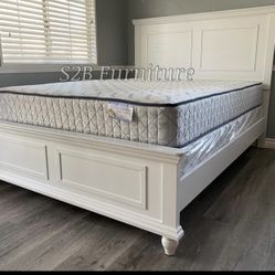 Queen Size White Wooden Bed W Orthopedic Mattress 