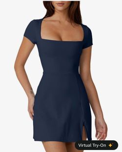 Womens Square Neck Tennis Dress Short Sleeve Built in Shorts Golf Athletic Dress with Pockets