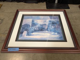 Cottage Courtyard Landscape Framed Print in Wood