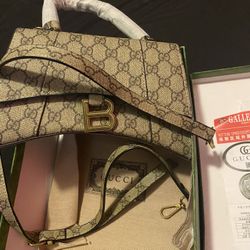 BALENCIAGA X GUCCI GG Supreme Monogram Small Hourglass Top Handle Bag Beige Ebony