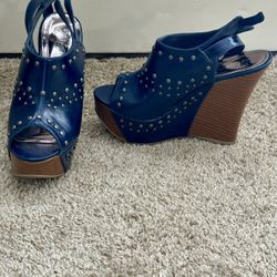 Gently Used Blue Studded Wedge Heels 