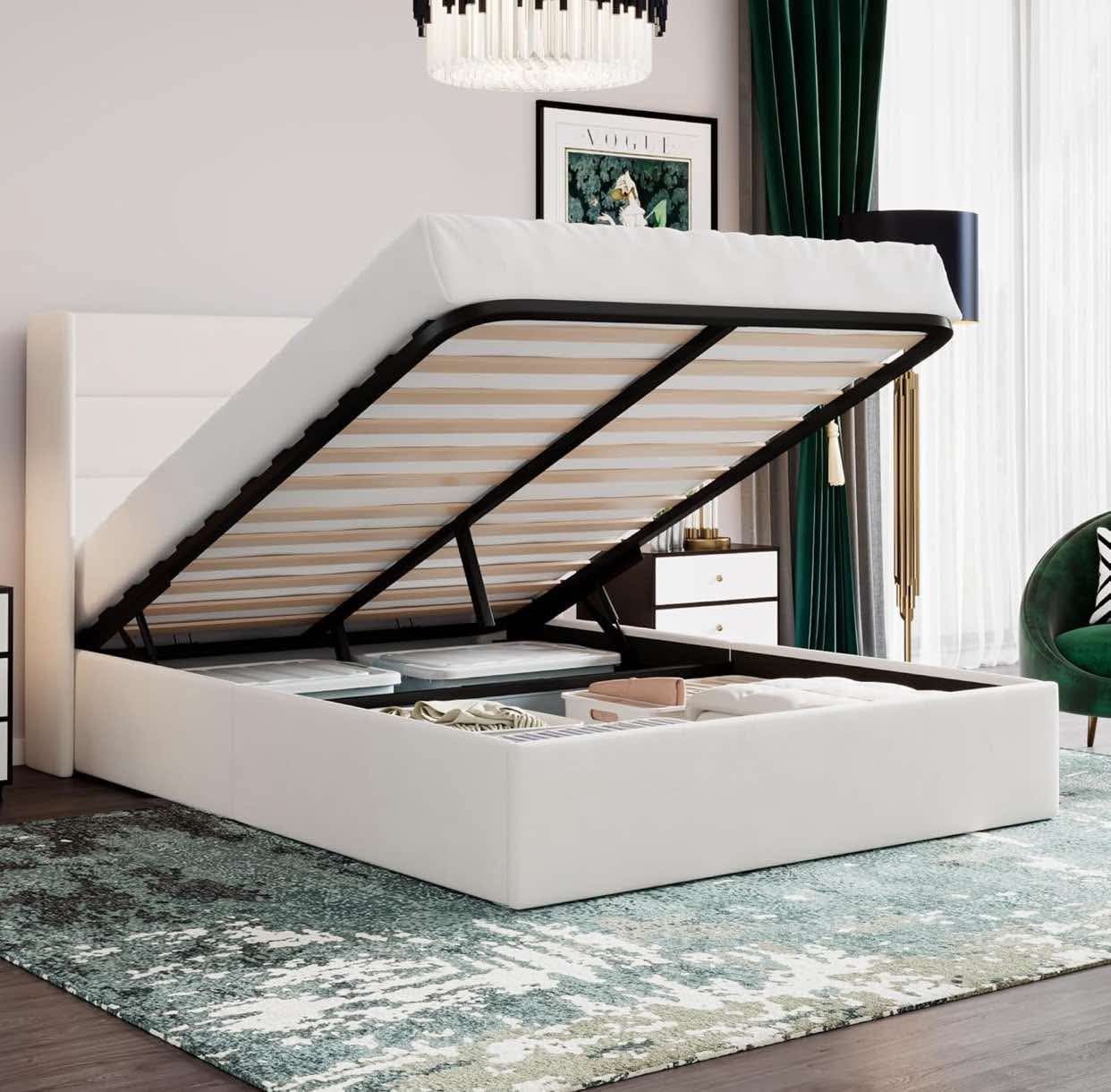 Queen Size Lift Up Storage Bed/Velvet Upholstered/Modern Wingback Headboard/Upholstered Platform Bed Frame/Hydraulic Storage/No Box Spring Needed/Whit