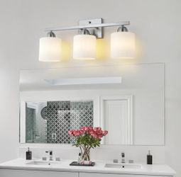 Mecgirn Stainless Steel Milk Glass Vanity Lights for Bathroom, 3 Light Brushed Nickel Bathroom Light Fixtures Over Mirror, Ceramic