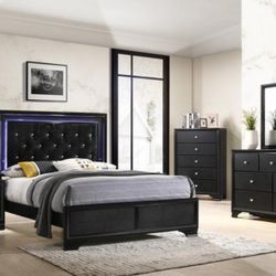 ✅️✅️4 pc Queen modern black finish wood padded headboard LED bedroom set (**Mattress and tall chest not included**)✅️✅️