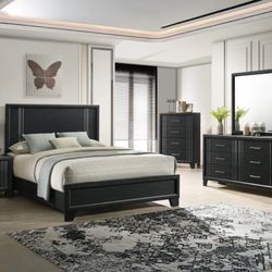 4 pc rich charcoal grey finish wood silver metal accents finish modern style queen bedroom set $599 deliver available  