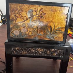 Vintage Chinoiserie Lacquer Jewelry Cabinet - Hand-Painted Bird & Floral Motif on Stand