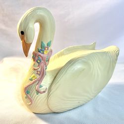 Vintage Handmade Wooden Painted Swan Creamy White W/ Pink Bow & Flowers 10"