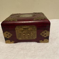 Chinese Wooden Treasure Chest Jewelry Box Brass Accents & and jade or Quartz Med