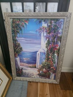 Mediterranean Coastal Scene Framed Print of Watercolor Painting