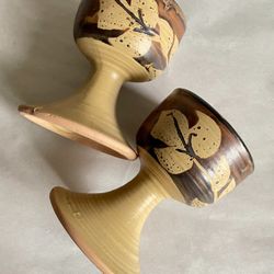 Two Vintage 8-oz Pacific Stoneware B. Welsh Brown Leaf Pottery Goblets 