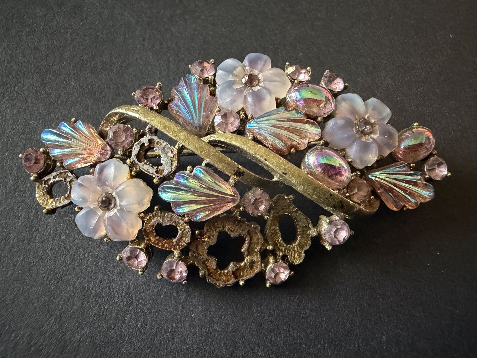 1930’s vintage Juliana (Delizza & Elster) pink and aurora borealis rhinestone flower and shell brooch.