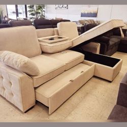 
Beige Chenille REVERSIBLE Sleeper Sectional with Storage Chaise, Drop-Down Table, Cup Holders,Charging Ports